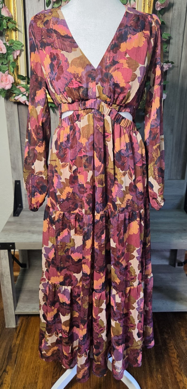 Sofia Jeans by Sofia Vergara XS Floral Cut Out Maxi Dress Long Sleeve Tiered